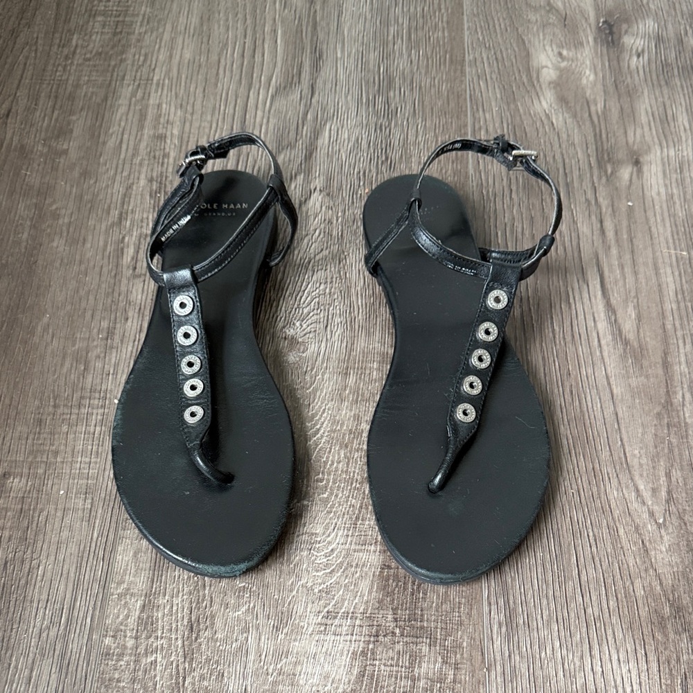 Cole Haan Black Leather T-Strap Sandals with Silver Eyelets